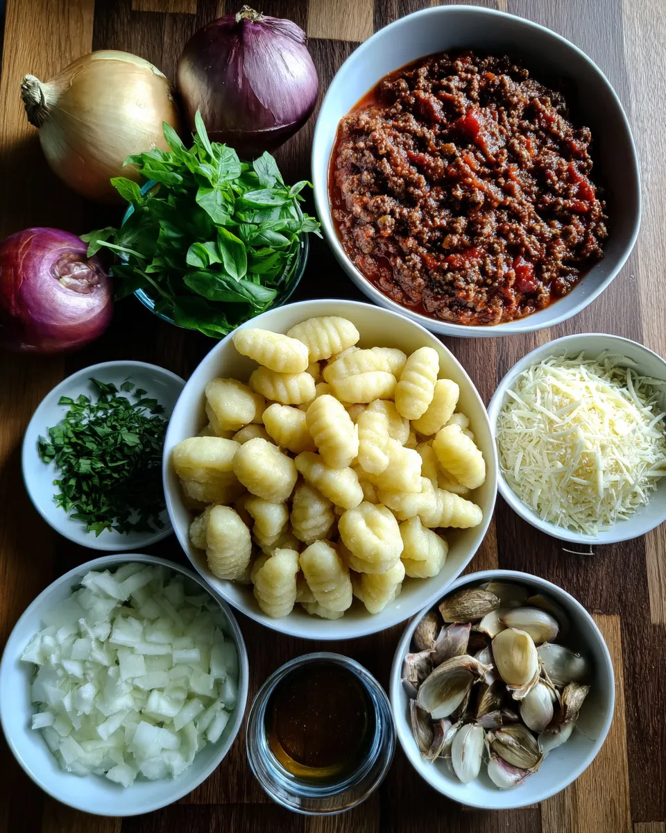 Ingredients for Irresistibly Cheesy Bolognese Gnocchi Bake