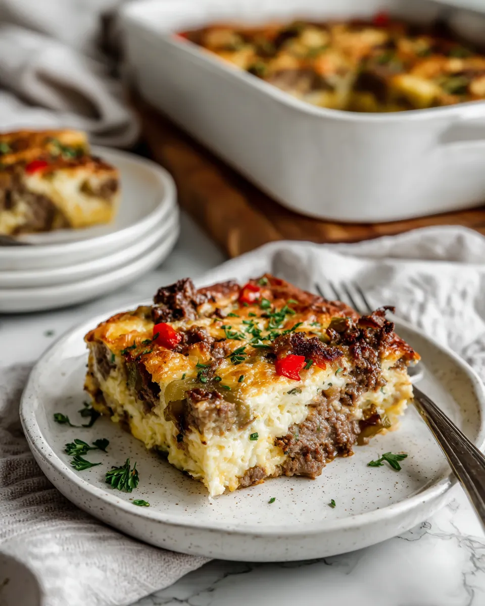 Photo of featured for Irresistibly Cheesy Low Carb Philly Cheesesteak Casserole