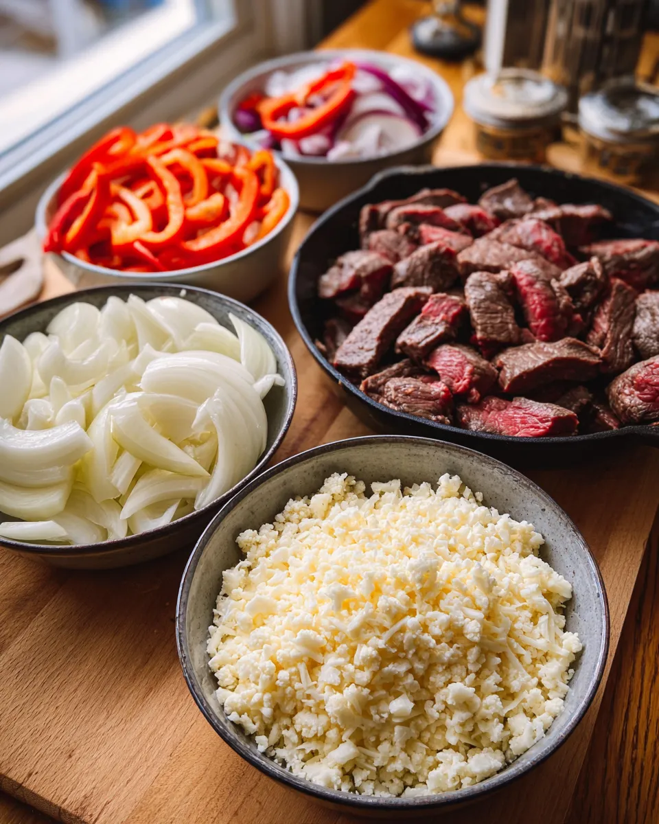 Ingredients for Irresistibly Cheesy Low Carb Philly Cheesesteak Casserole