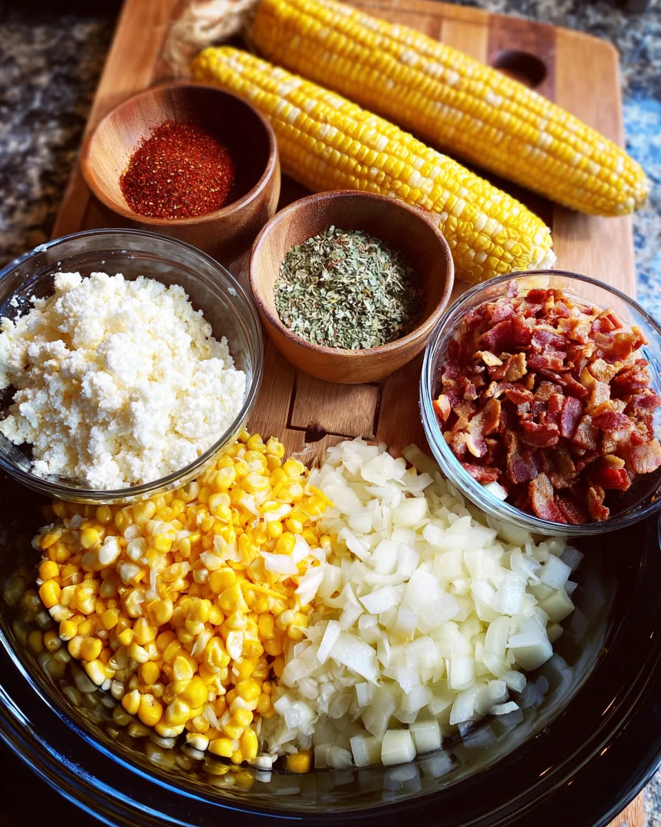 Ingredients for Savory Slow Cooker Cheddar Corn with Bacon: A Flavorful Delight