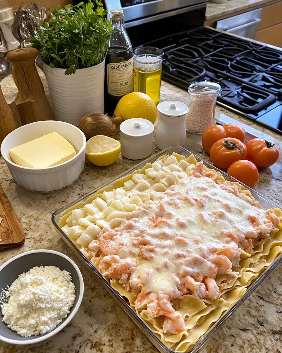 Ingredients for Indulgent Seafood Lasagna: Shrimp and Crab Extravaganza
