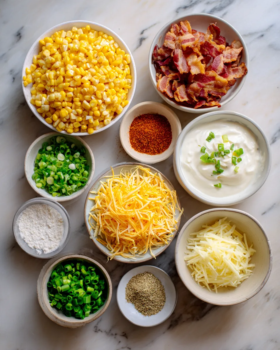 Ingredients for Deliciously Cheesy Slow Cooker Cheddar Corn with Bacon