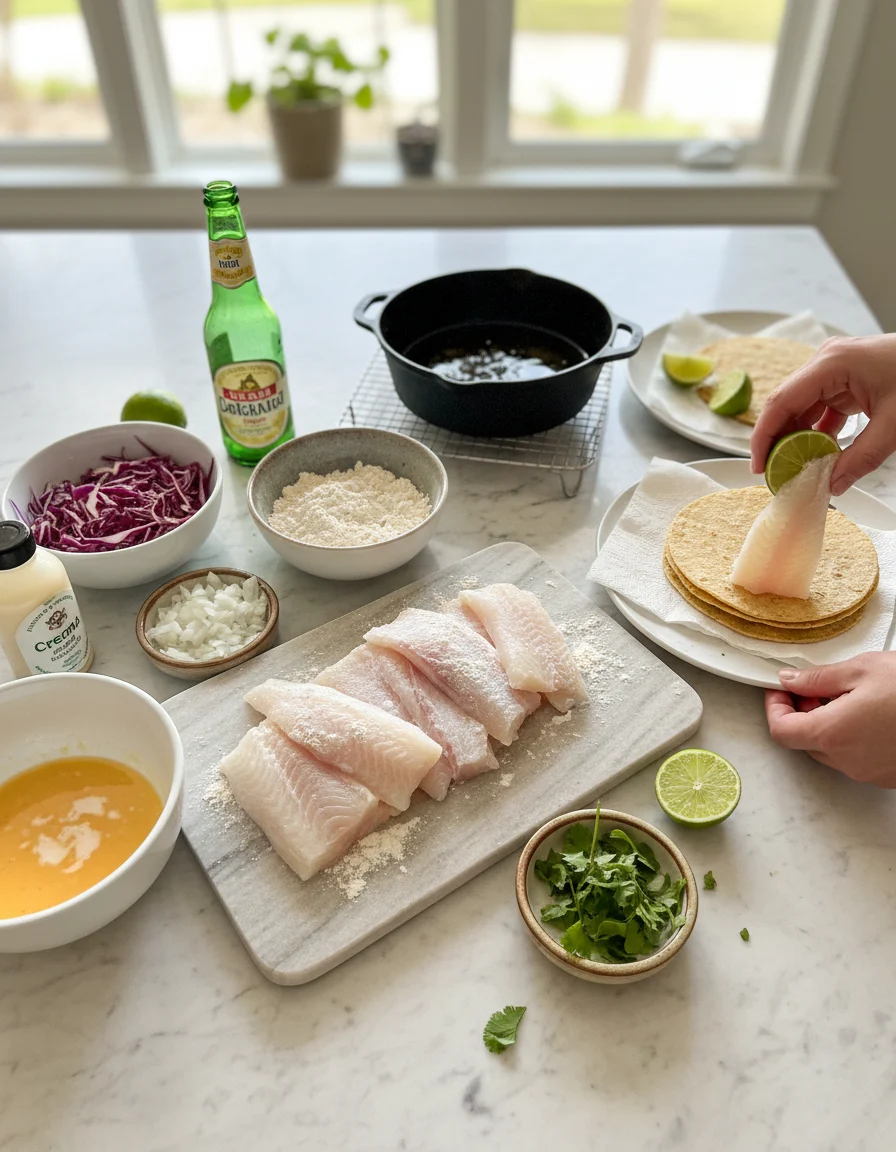 Crispy Baja Style Beer Battered Fish Tacos